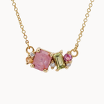 Gold necklace with pink, green and orange sapphires and round diamonds