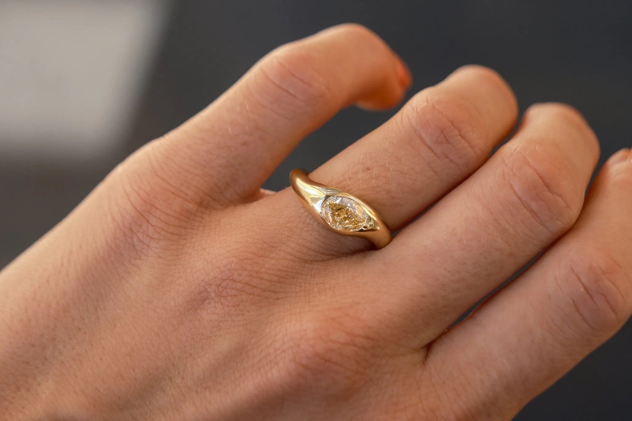 East-West Oval Bezel Yellow Diamond Engagement Ring-Engagement Rings-Wild Fawn Jewellery