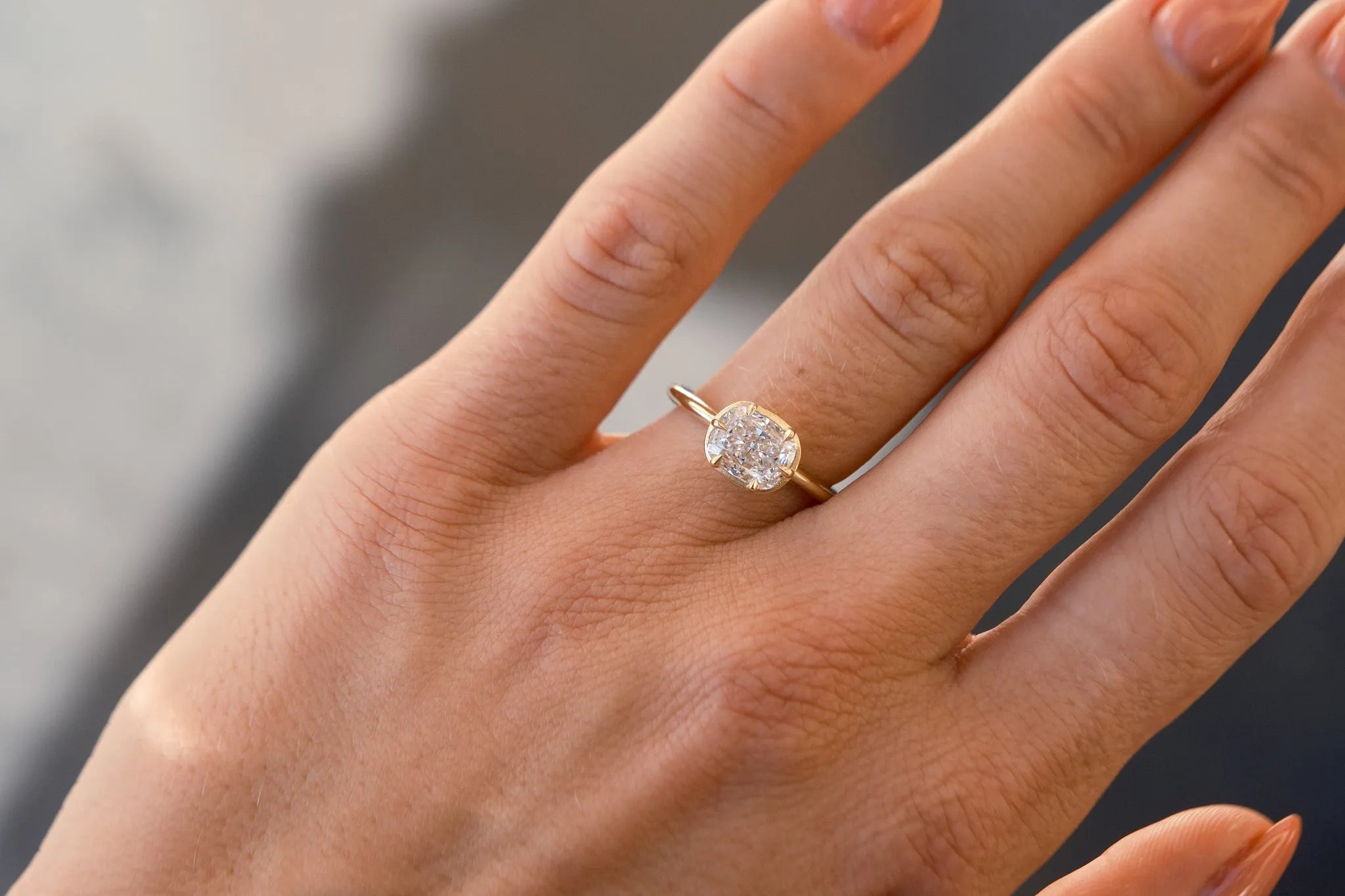 East West Faux Bezel Cushion Cut Champagne Diamond Engagement Ring-Engagement Rings-Wild Fawn Jewellery
