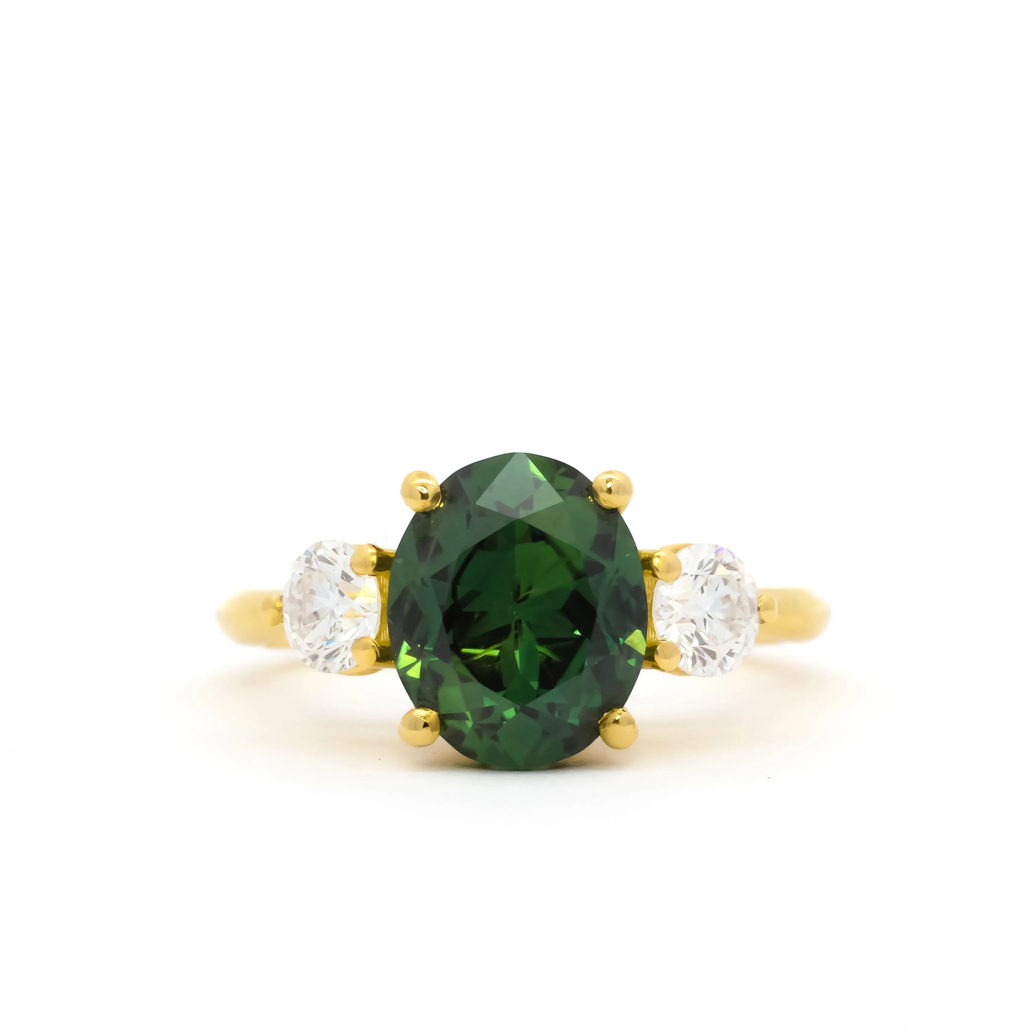large green sapphire engagement ring with large green centre stone and round 4mm lab diamonds on a white background