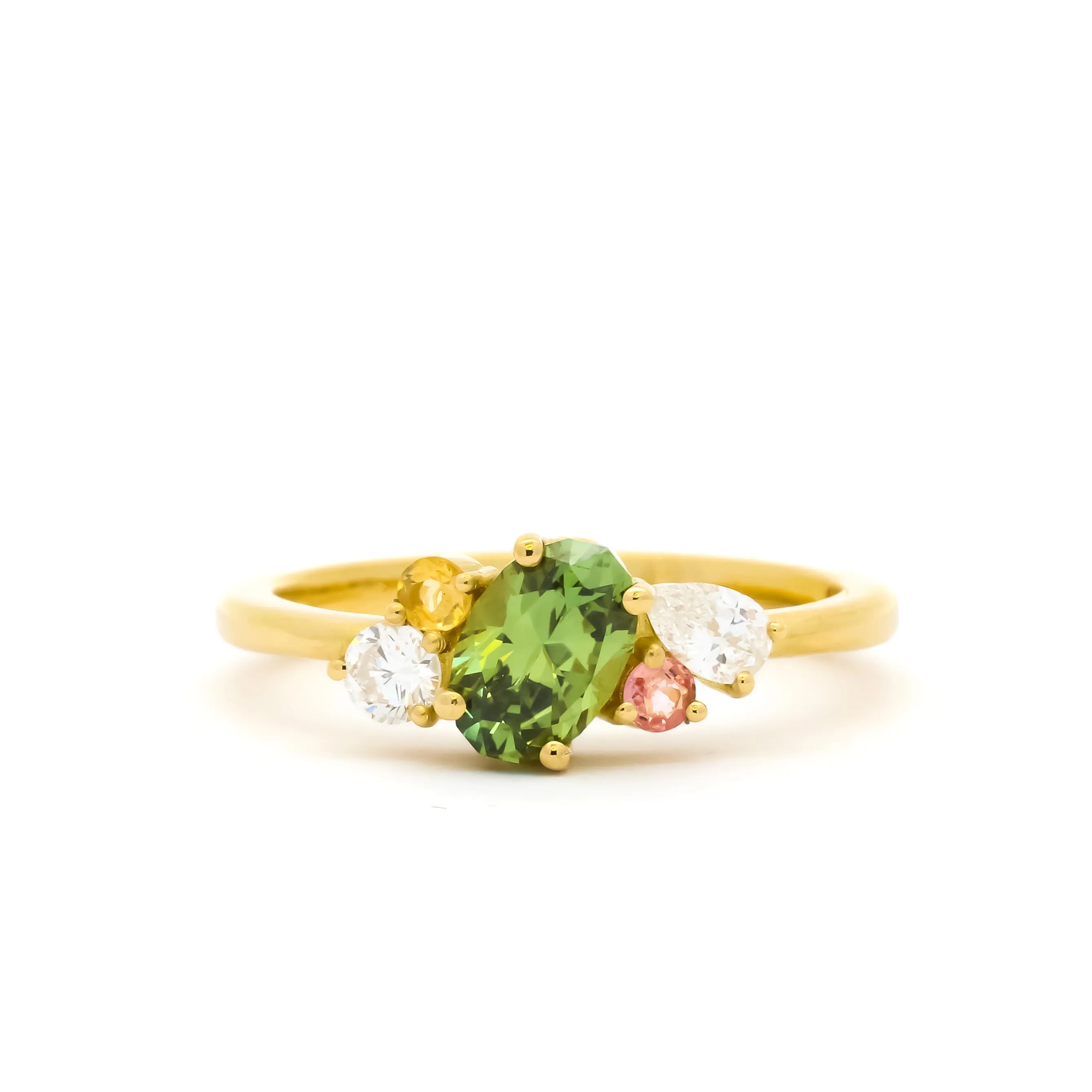 Green, Pink & Yellow Sapphire Cluster Engagement Ring with Diamonds-Engagement Rings-Wild Fawn Jewellery