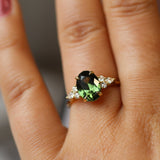 Large Green Sapphire Engagement Ring with Pear & Round Diamond Cluster on hand