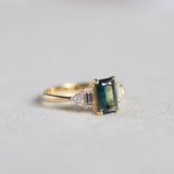 Blue/Green Sapphire Baguette with Diamond Cluster Engagement Ring