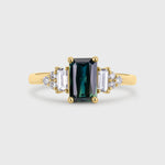 Blue/Green Sapphire Baguette with Diamond Cluster Engagement Ring