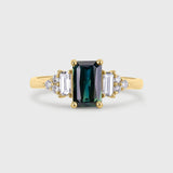 Blue/Green Sapphire Baguette with Diamond Cluster Engagement Ring