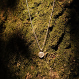fingerprint pendant necklace infront of moss