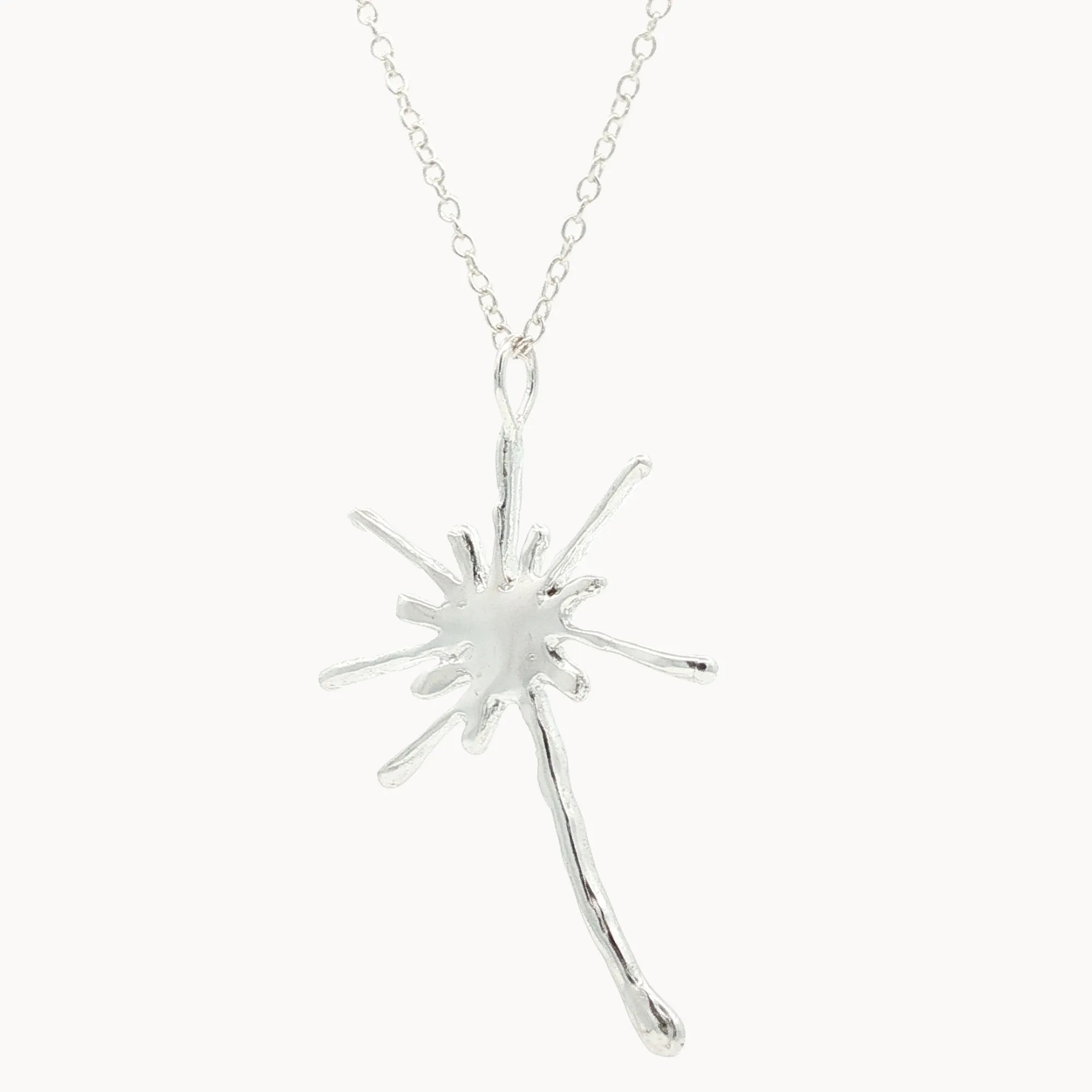 Silver dandelion pendant necklace on a white background - back