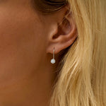 Close-up of an ear wearing a white-gold earring with a diamond, against a blurred background.
