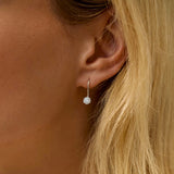 Close-up of an ear wearing a white-gold earring with a diamond, against a blurred background.