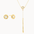 Gold jewelry set with round diamond stud earrings and a y-shaped diamond molten necklace on a white background