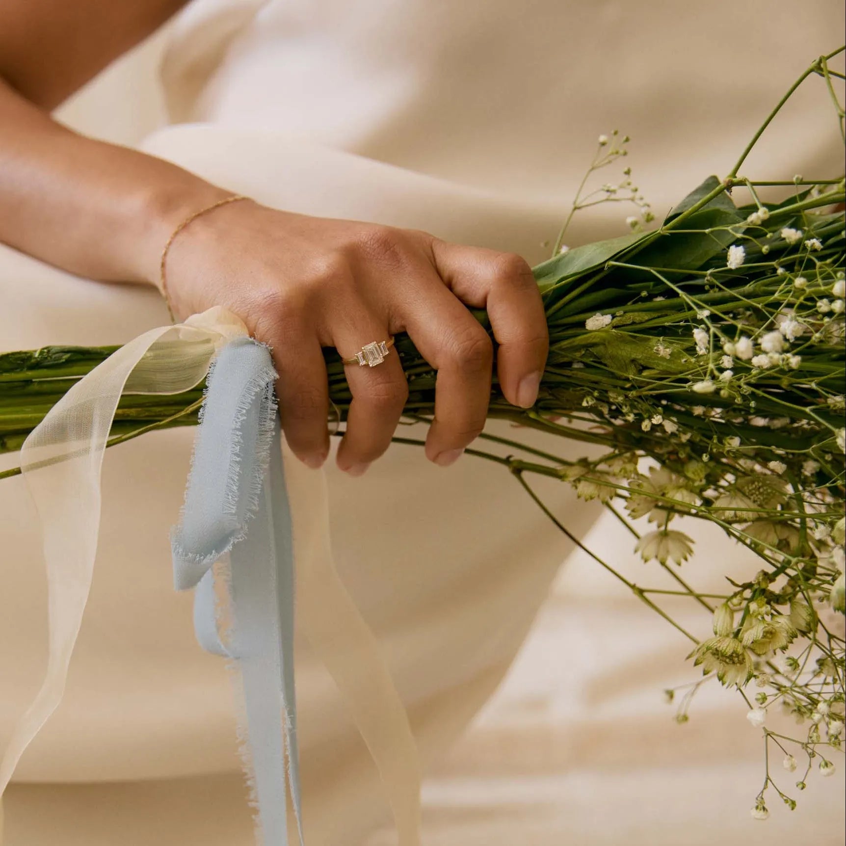 Person holding a bouquet of flowers with a soft focus background