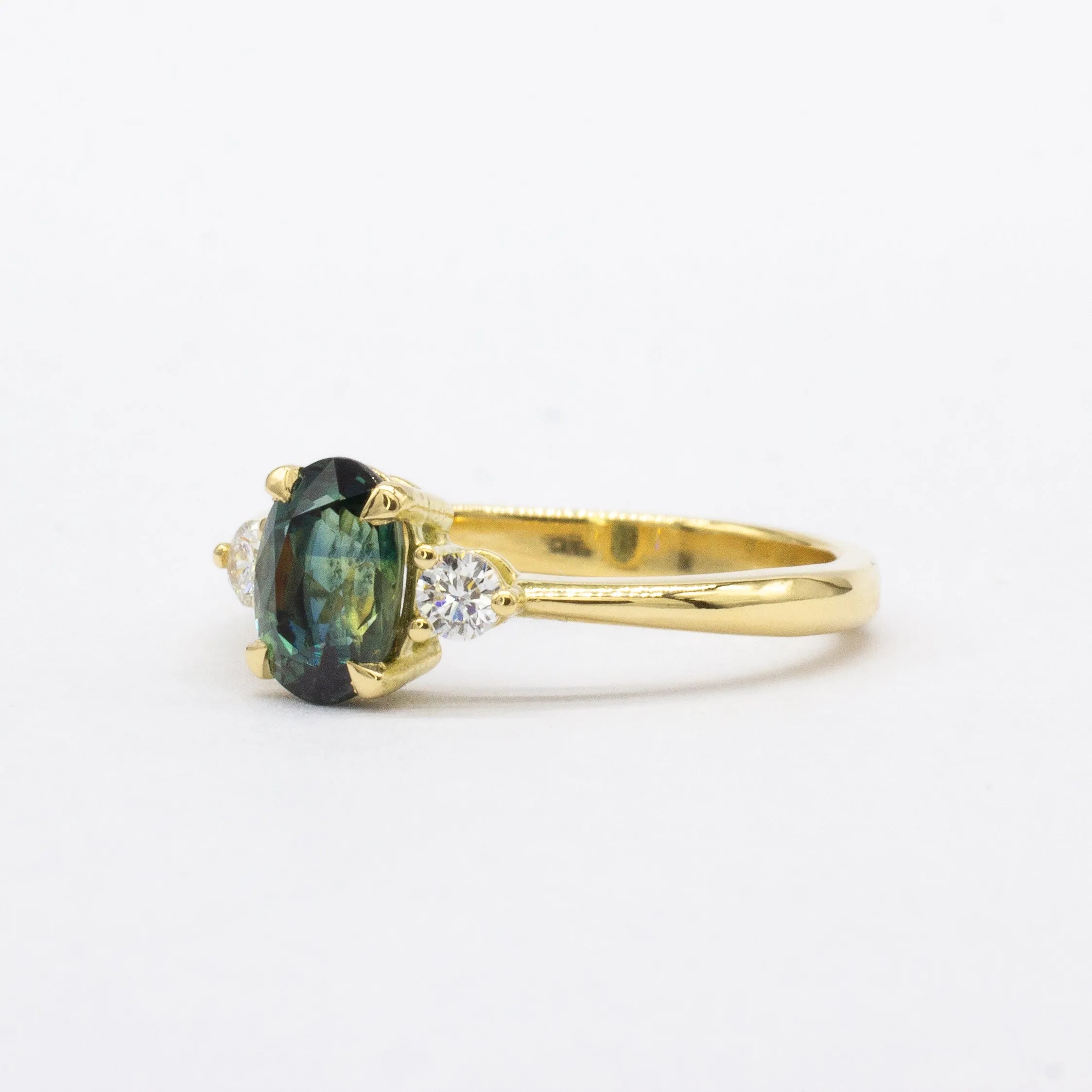 Low-Set Blue/Green Oval Sapphire Trilogy Engagement Ring with Diamonds-Engagement Rings-Wild Fawn Jewellery