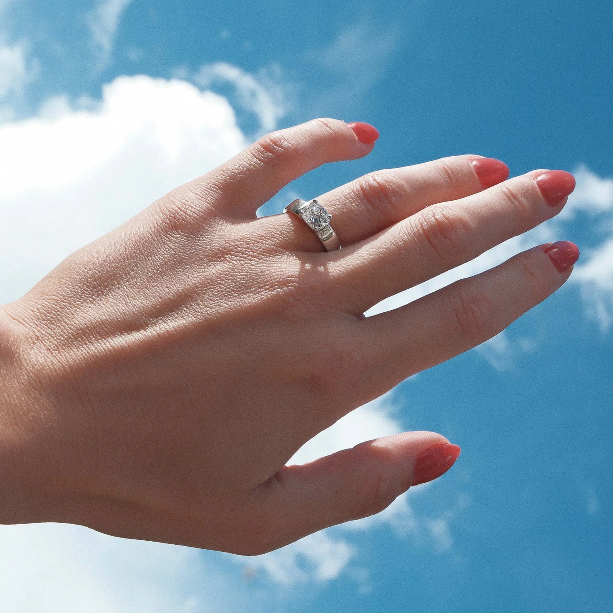 Hand with a ring against a blue sky