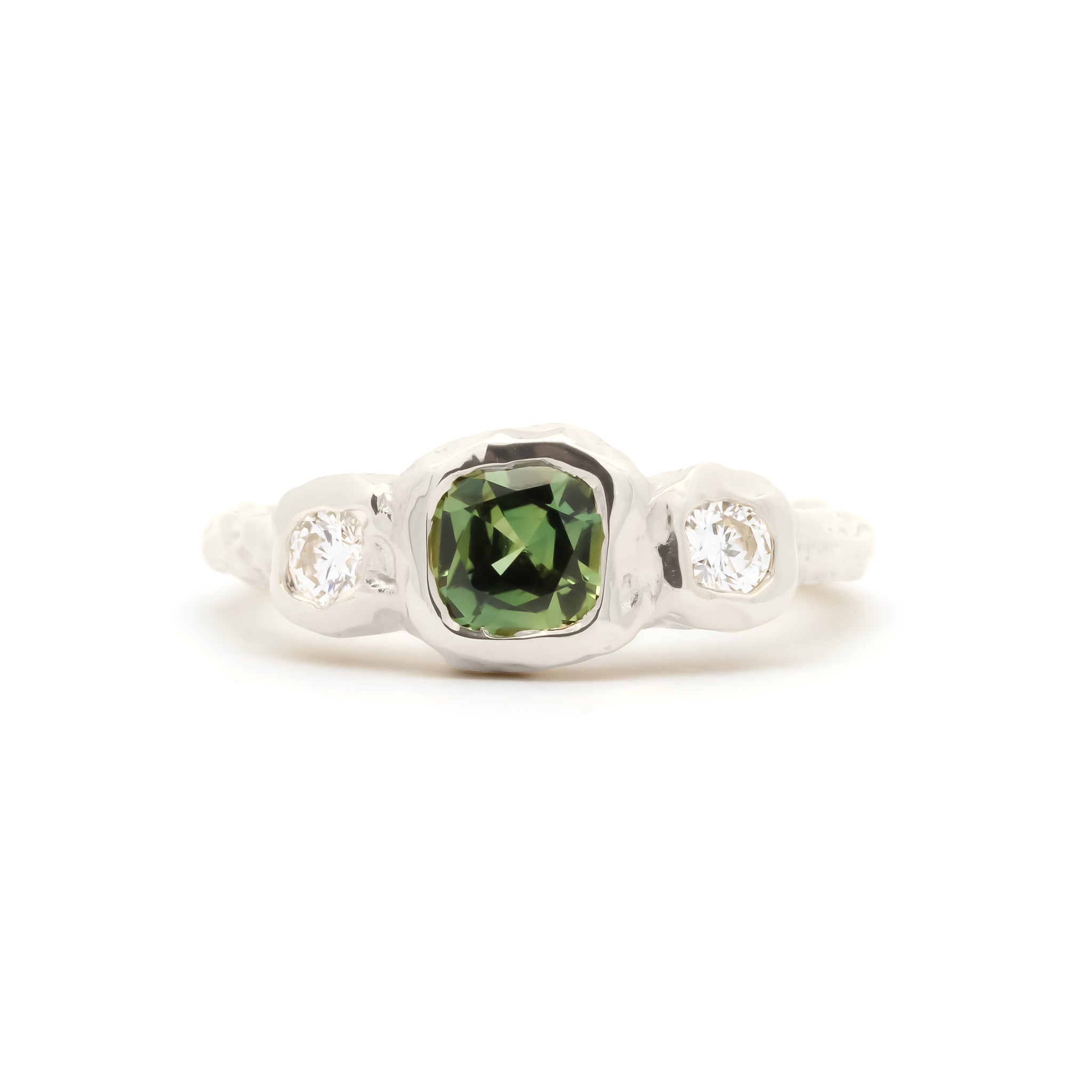 Cushion-Cut Green Sapphire Molten Organic Engagement Ring with Diamonds-Engagement Rings-Wild Fawn Jewellery