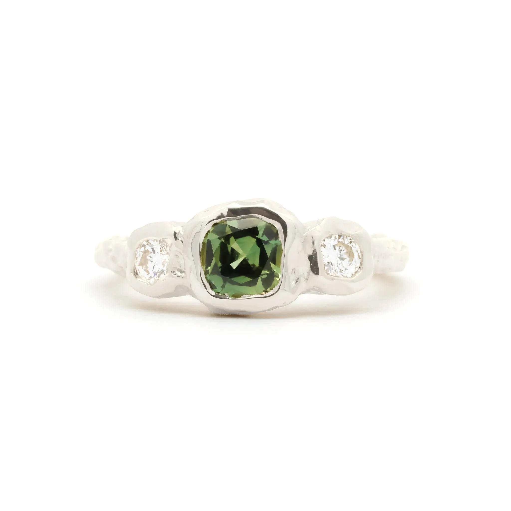 Cushion-Cut Green Sapphire Molten Organic Engagement Ring with Diamonds-Engagement Rings-Wild Fawn Jewellery