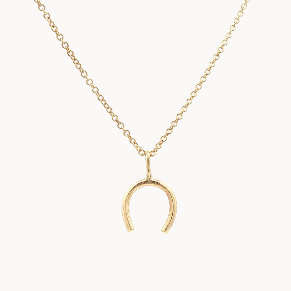 Gold horseshoe pendant necklace on a white background