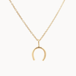 Gold horseshoe pendant necklace on a white background