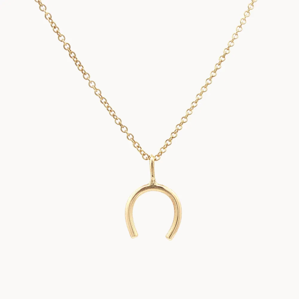 Gold horseshoe pendant necklace on a white background