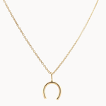 Gold necklace with a horseshoe pendant on a white background