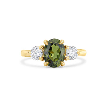 Green Sapphire Three Stone Engagement Ring with Diamonds