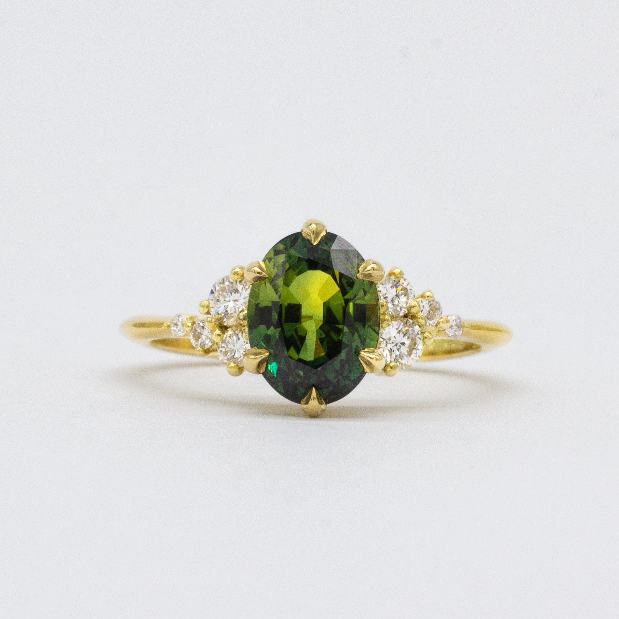 Green Sapphire and Diamond Cluster Engagement Ring