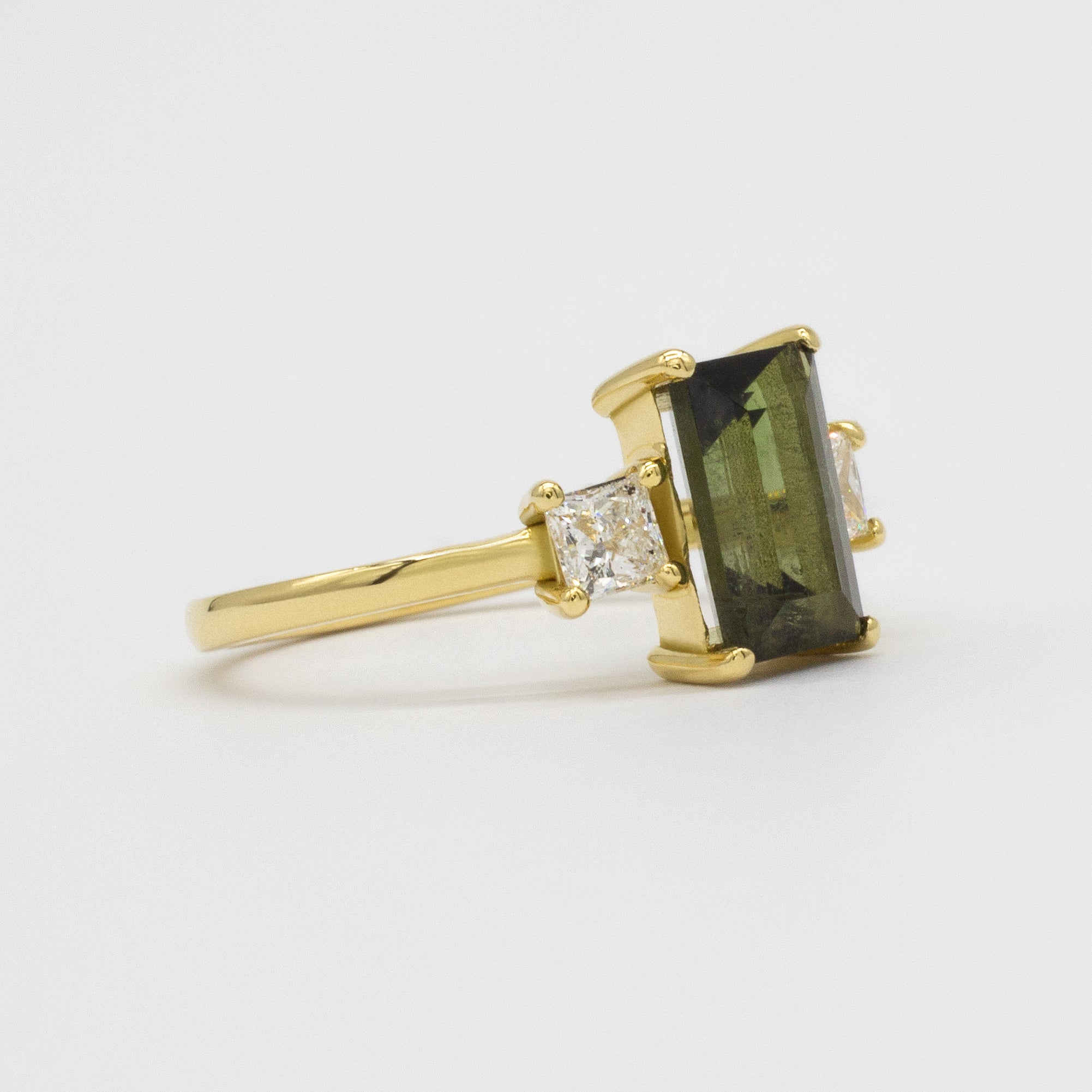 Green Tourmaline Baguette Engagement Ring with Princess Diamonds