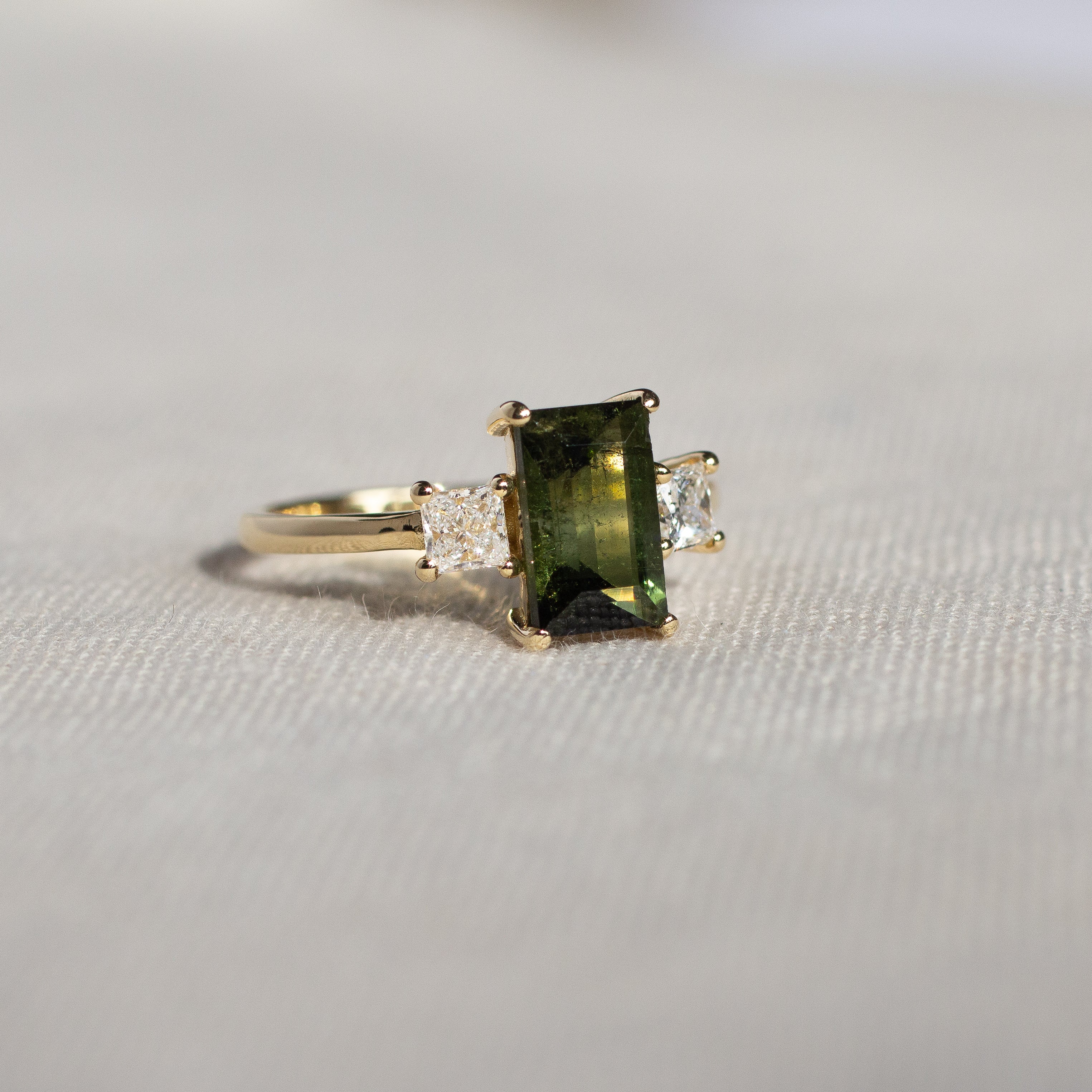 Green Tourmaline Baguette Engagement Ring with Princess Diamonds