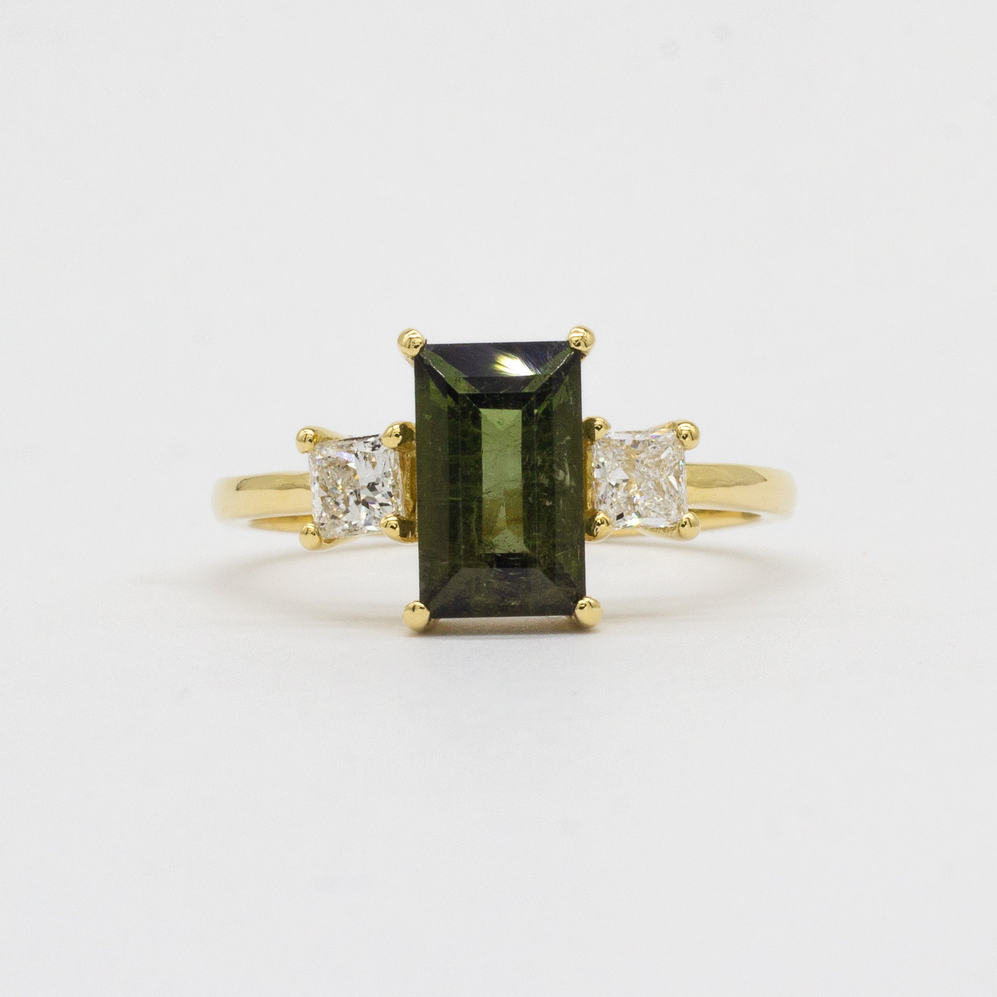 Green Tourmaline Baguette Engagement Ring with Princess Diamonds