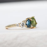 Green and Blue Sapphire Diamond Asymmetric Cluster Engagement Ring