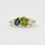 Green and Blue Sapphire Diamond Asymmetric Cluster Engagement Ring