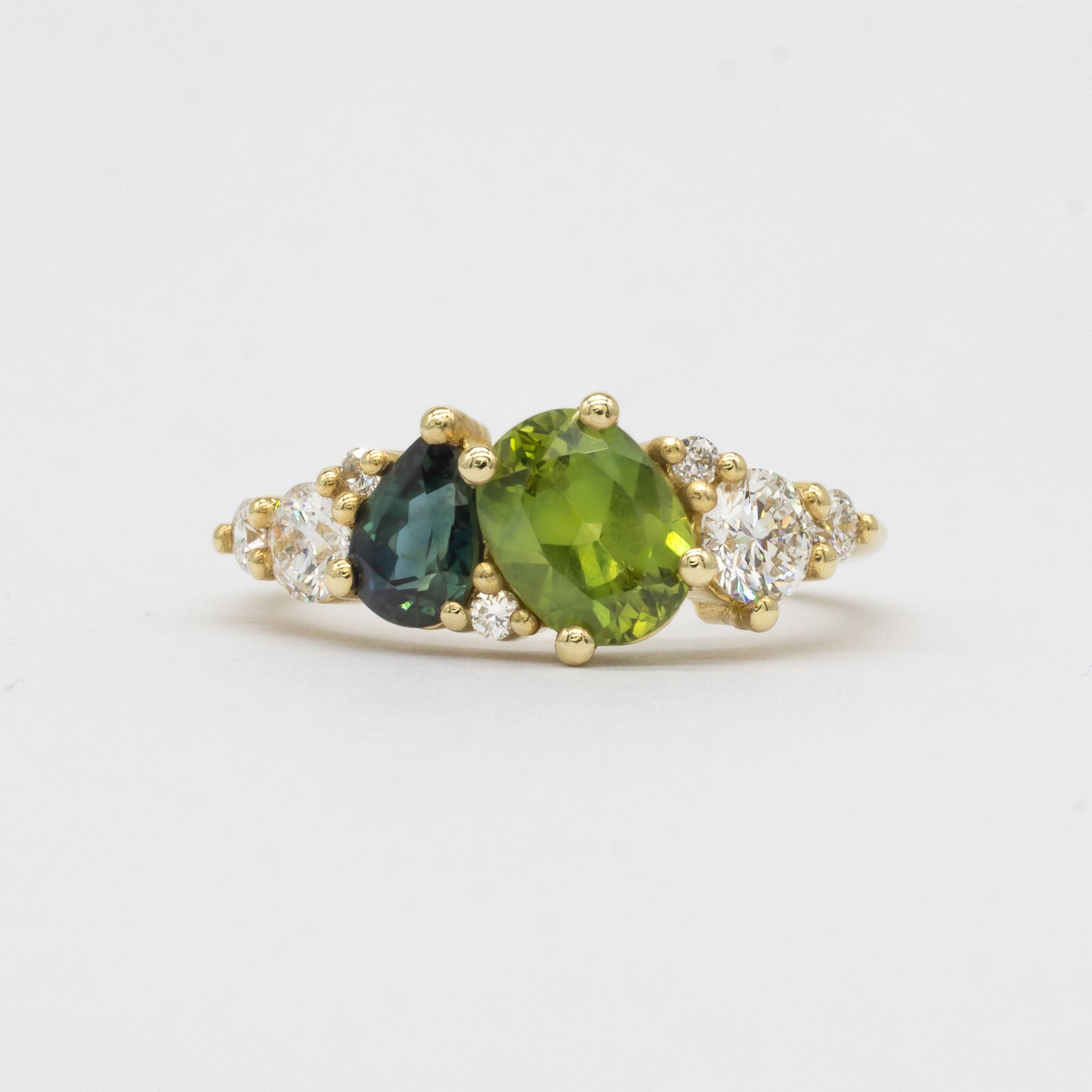 Green and Blue Sapphire Diamond Asymmetric Cluster Engagement Ring