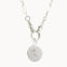 Silver chunky necklace with a round engraved pendant on a white background