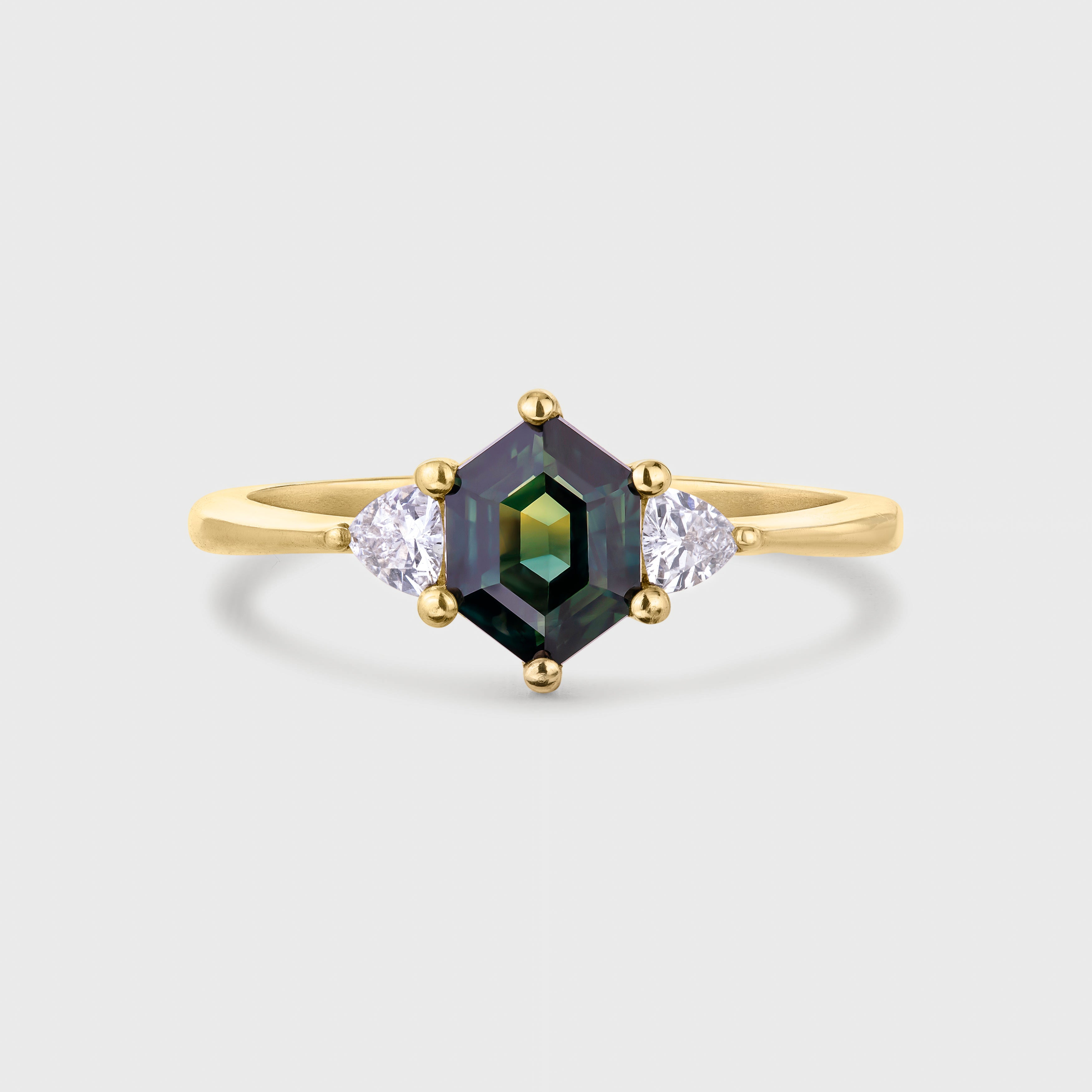 Hexagon Cut Green Sapphire Engagement Ring