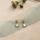 Gold star-shaped earrings on a soft fabric background with dried flowers.