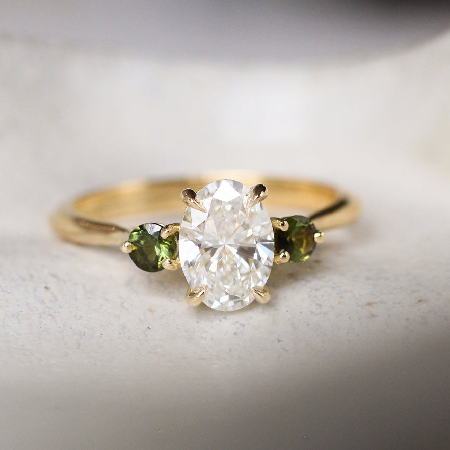 Oval Diamond and Green Tourmaline Trilogy Engagement Ring-Engagement Rings-Wild Fawn Jewellery