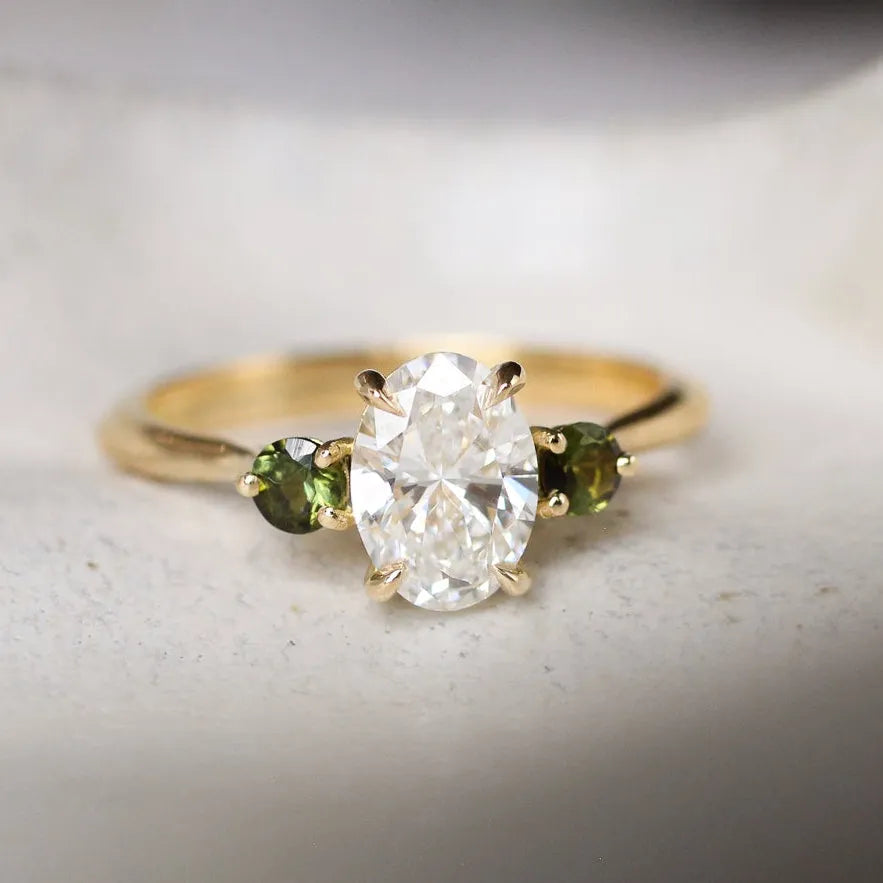 Oval Diamond and Green Tourmaline Trilogy Engagement Ring-Engagement Rings-Wild Fawn Jewellery