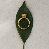 Gold ring on a green leaf against a textured beige background
