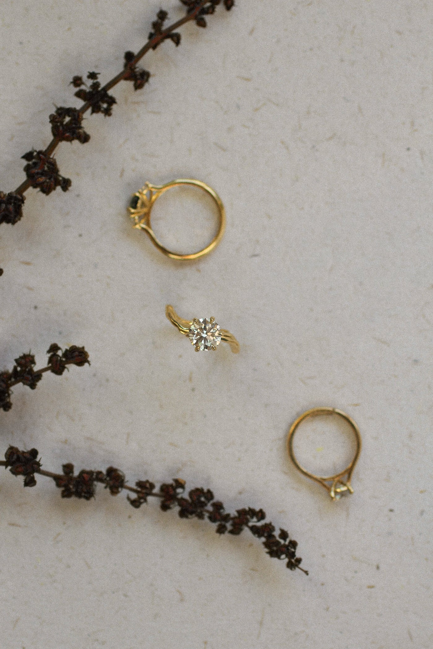 three engagement rings on a surface with branch