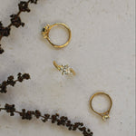 Three gold rings with gemstones on a textured beige surface with dark floral branches.