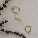 Three gold rings with gemstones on a textured beige surface with dark floral branches.