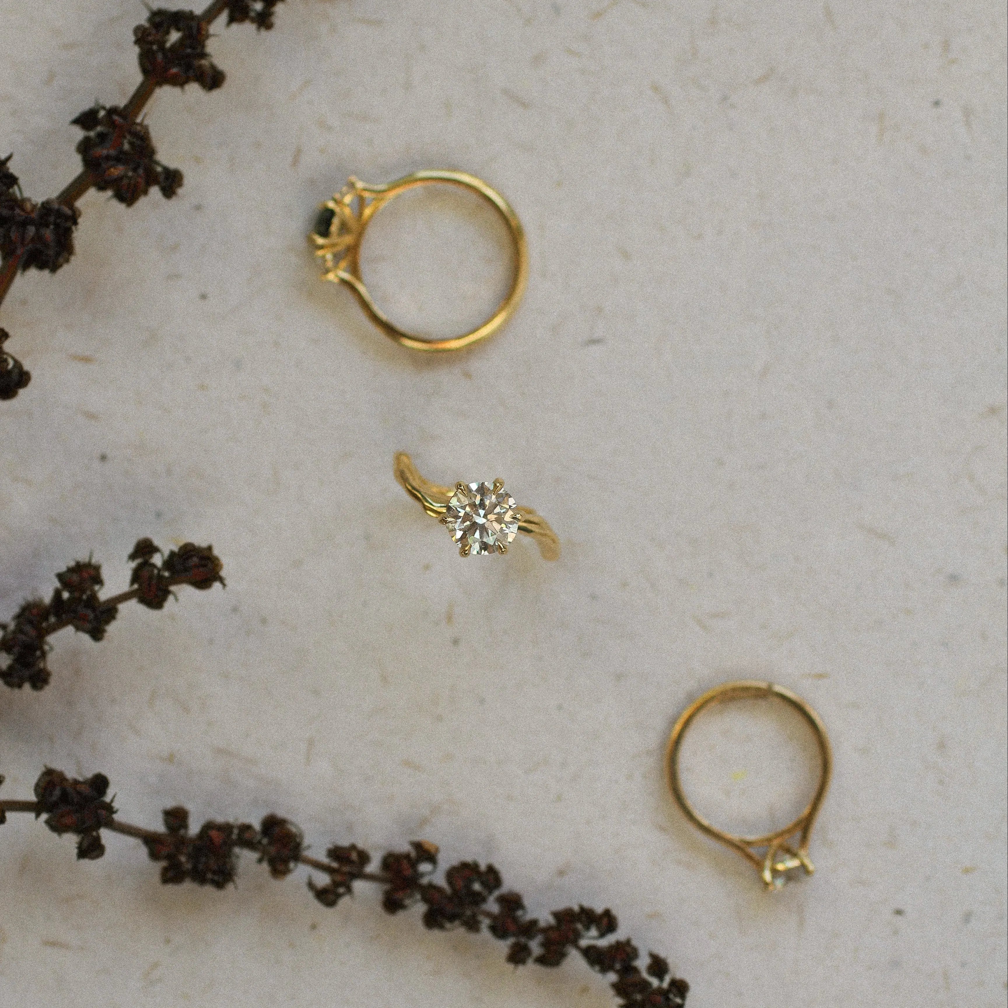 Three gold rings with gemstones on a textured beige surface with dark floral branches.