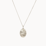 Silver leo necklace with an oval lion pendant on a white background