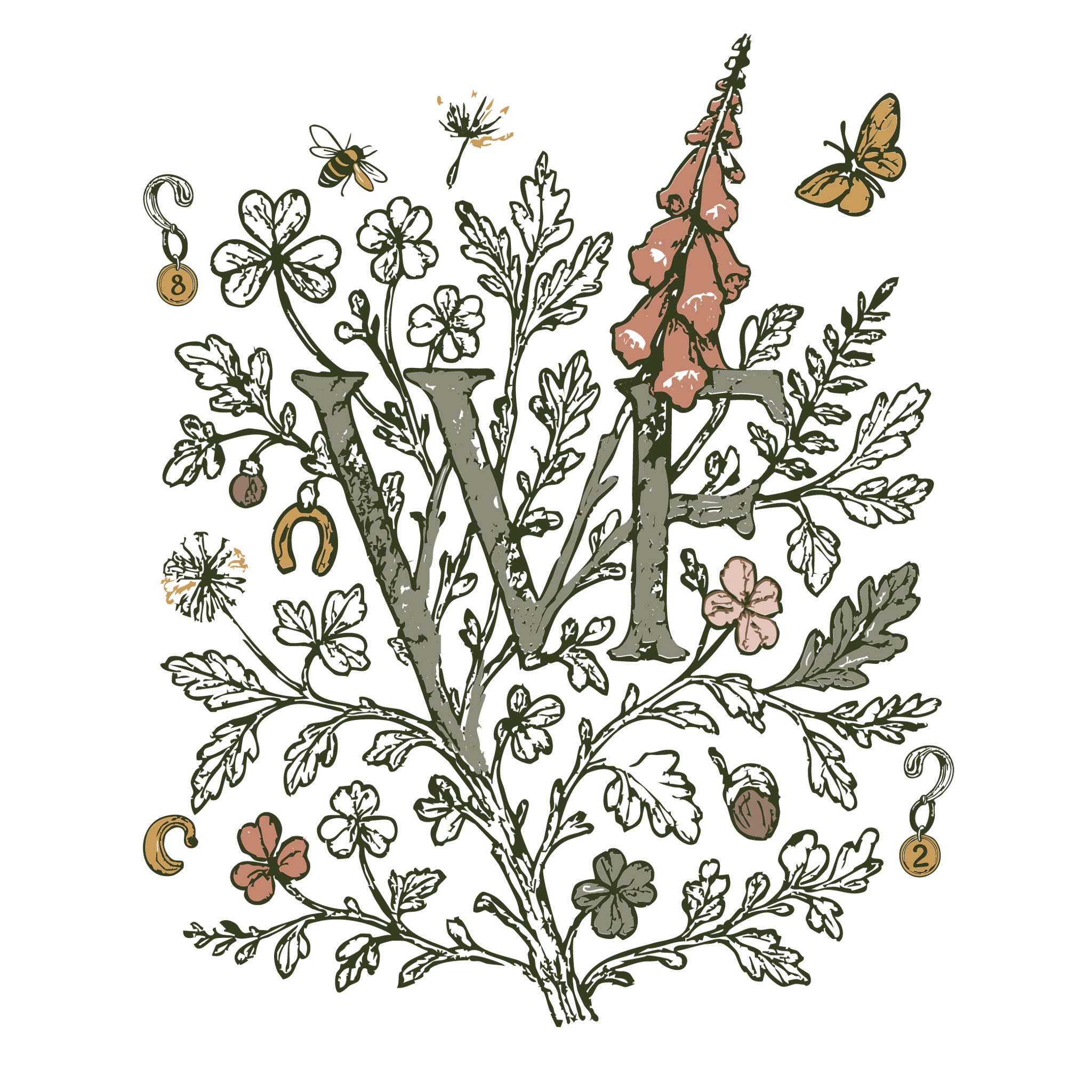 illustrated emblem with the letters WF with branches, leaves and lucky charms
