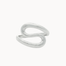 A minimalist silver ring with an organic, flowing S-shaped curve, photographed on a clean, solid off-white background.