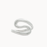 A silver s-shaped wrap ring with a smooth, polished finish, shown on a plain off-white background.