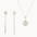 white gold jewelry set with diamond pendant necklace and dangle earrings on a white background
