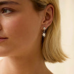 Close-up of a blonde woman wearing diamond studs with sun-shaped dangle charms with a neutral background