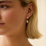 Close-up of a woman wearing sun-shaped diamond earrings with a neutral background