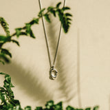 A silver chain necklace with a small, polished silver ring pendant, hanging against a warm beige wall with soft shadows cast by nearby green leaves.