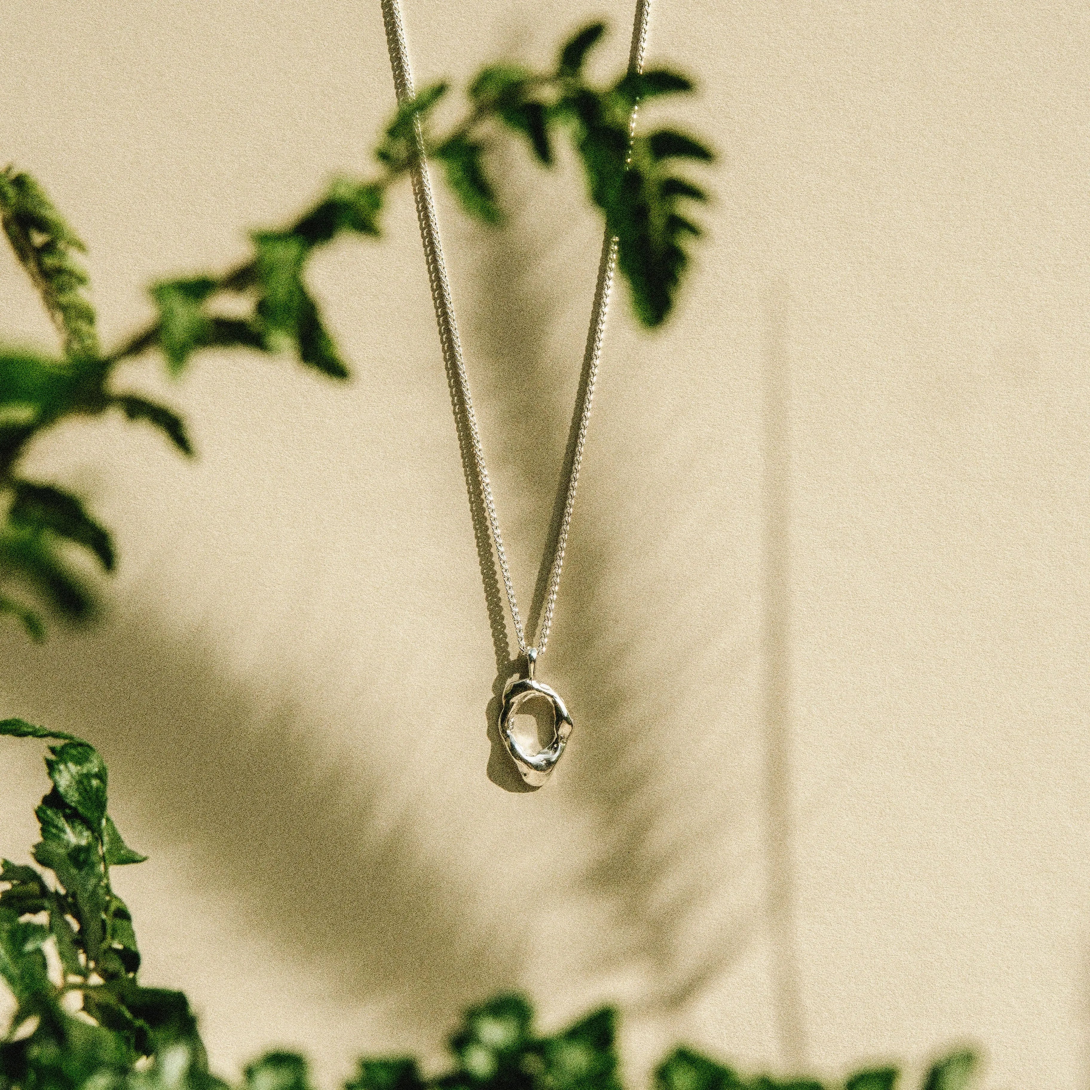 A silver chain necklace with a small, polished silver ring pendant, hanging against a warm beige wall with soft shadows cast by nearby green leaves.